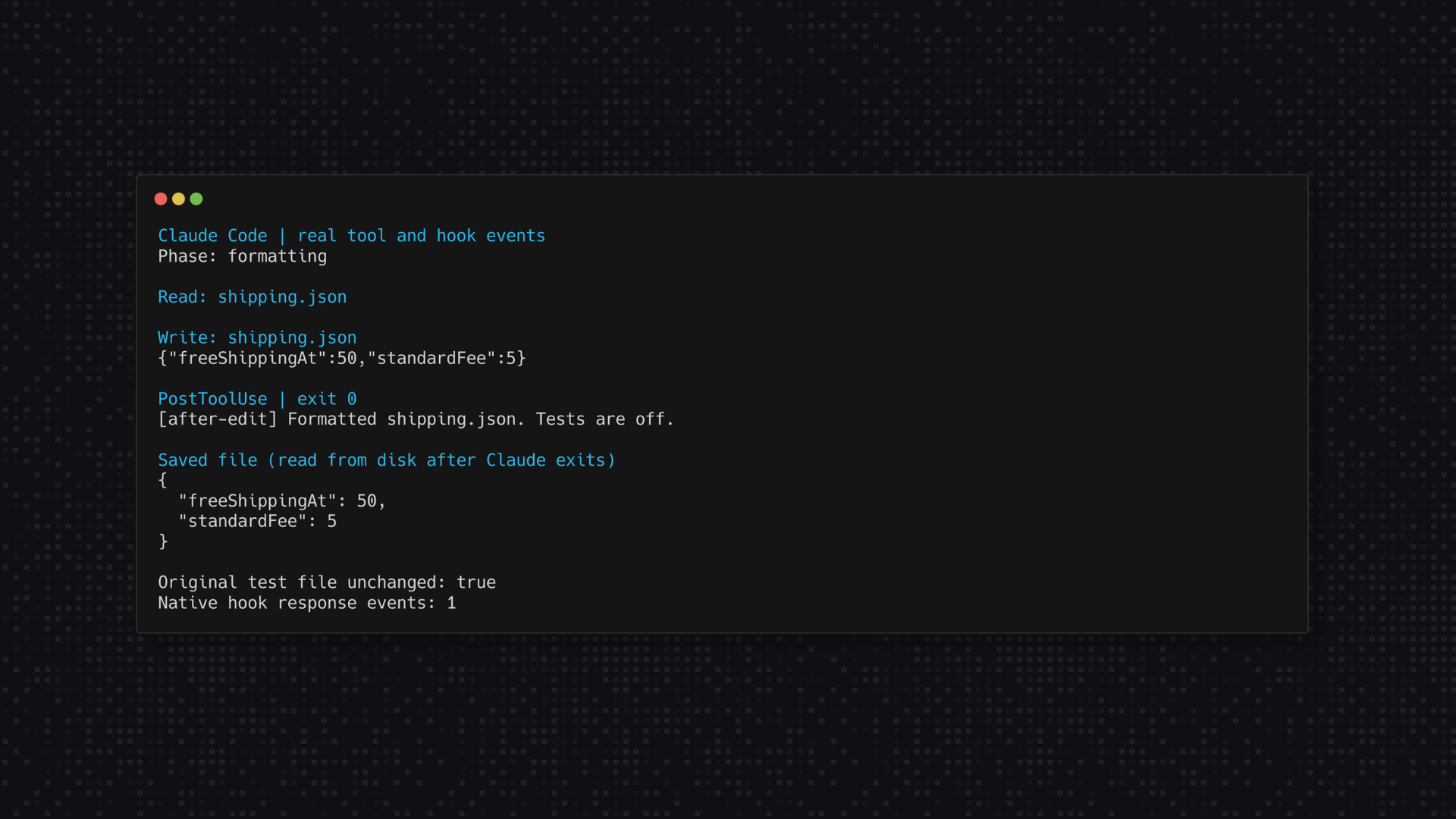 Claude Code terminal showing shipping.json formatted after a Write tool call