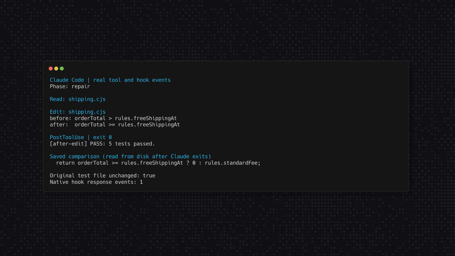 Claude Code terminal showing the repaired comparison and five passing tests