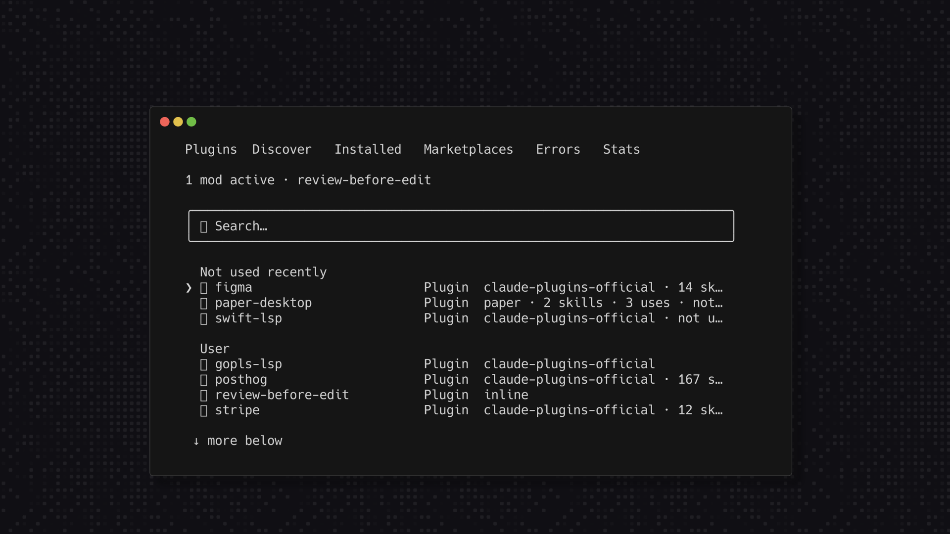 The review-before-edit mod appears in Claude Code's Installed plugins.