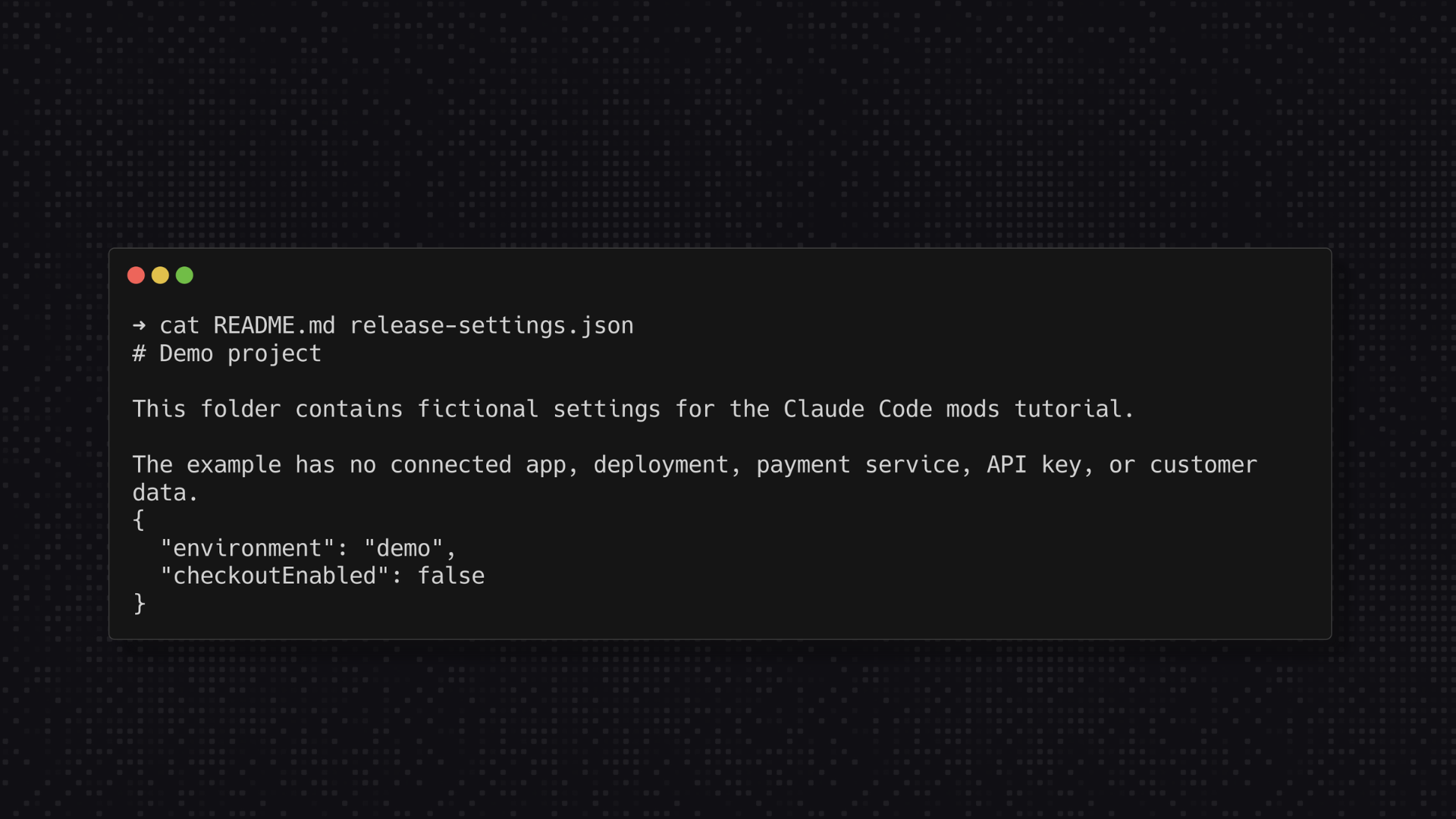 Practice project with a README and a fictional release-settings.json file.