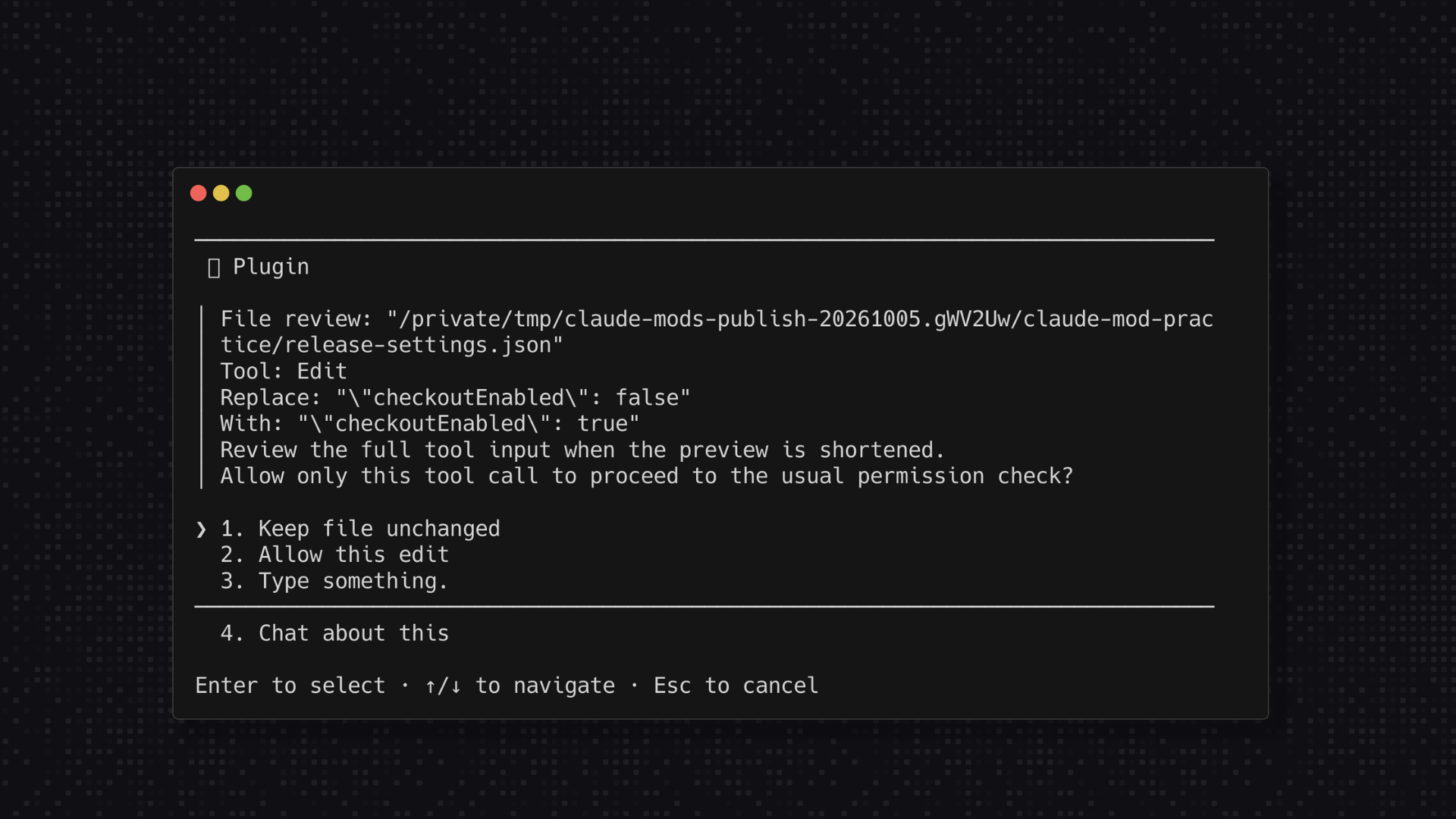 A custom review question asks whether Claude may edit release-settings.json.